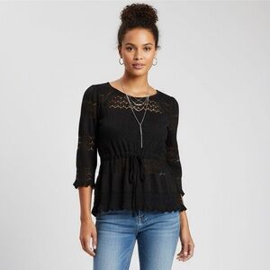 Free People Fire Island Knit Lace Blouse Top Shirt Black S Semi Sheer